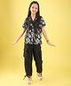 ISHTI Modal Woven Half Sleeves Floral Embroidered Shirt Style Top Pant Set - Black