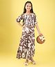 ISHTI Modal Woven Half Puffed Sleeves Abstract Printed Smocked Top & Coordinating Flared Pant Set - Brown