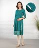 Bella Mama Woven Three Fourth Sleeves Maternity Kurta With Border Floral Print & Highlighted Yoke - Teal Blue