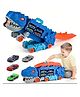 Sanjary Dinosaur Transport Truck for childrens Carrier Truck with Foldable Sliding Race Track and 12 Die-cast Cars,Transforms Into Standing T-rex,Ideal Gift color design may vary