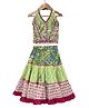 Elaisha Cotton Woven Sleeveless Abstract Printed Frill Detailed Halter Neck Lehenga Choli Set - Olive Green & Pink
