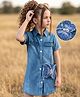 Hola Bonita Cotton Woven Half Sleeves Solid Denim Shirt Dress With Purse - Blue