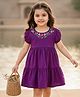 Babyhug Cotton Woven Half Puffed Sleeves Tiered Frock with Floral Embroidery - Purple