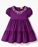 Babyhug Cotton Woven Half Puffed Sleeves Tiered Frock with Floral Embroidery - Purple