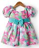 Twetoons Cotton Woven Half Sleeves Frock With Heart Print & Bow Applique - Pink