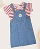 Pantaloons Baby Cotton Denim Half Sleeves Floral Embroidered Pinafore Dress With Striped Tee - Blue
