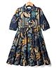 Kookie Kids Woven Three Fourth Sleeves Party Dress With Floral Print & Belt - Navy Blue