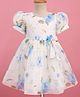 Kookie Kids Woven Half Puffed Sleeves Organza Fit & Flare Dress with Bow Applique - White & Blue