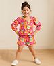 Tales & Stories Viscose Woven Three Fourth Sleeves Hearts Printed & Bow Applique Detailed Top With Coordinating Shorts Set - Pink