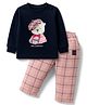 Ollypop Interlock Knit Full Sleeves T-Shirt & Lounge Pant Set With Animal Print - Navy Blue & Pink