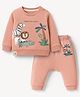 Ollypop Looper Knit Full Sleeves T-Shirt & Lounge Pant Set With Animal Print - Pink