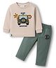 Ollypop Interlock Knit Full Sleeves T-Shirt & Lounge Pant Set With Animal Embroidery - Ivory