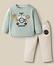 Ollypop Interlock Knit Full Sleeves T-Shirt & Lounge Pant Set With Animal Embroidery - Sea Green
