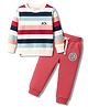 Ollypop Looper Knit Full Sleeves Striped T-Shirt & Lounge Pant Set With Camping Print & Badge Detailing - Cream & Red