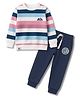 Ollypop Looper Knit Full Sleeves Striped T-Shirt & Lounge Pant Set With Camping Print & Badge Detailing - White & Navy Blue