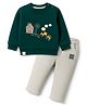 Ollypop Interlock Knit Full Sleeves T-Shirt & Lounge Pant Set With Embroidery Detailing - Dark Green