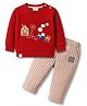 Ollypop Interlock Knit Full Sleeves T-Shirt & Lounge Pant Set With Embroidery Detailing - Red