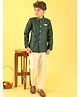 ISHTI Jacquard Woven Full Sleeves Floral Embroidered Sherwani Pyjama Set - Dark Green