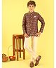 ISHTI Jacquard Woven Full Sleeves Geometric Embroidered Sherwani Pyjama Set - Black & Multi Colour