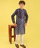 ISHTI Jacquard Woven Full Sleeves Floral Printed Kurta Pyjama Set -Navy Blue