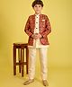 ISHTI Jacquard Woven Solid Kurta & Pyjama With Full Sleeves Abstract Foil Printed Jacket Set - Multi Colour