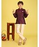 ISHTI Jacquard Woven Full Sleeves Geometric Embroidered Sherwani Pyjama Set - Wine