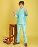 ISHTI Jacquard Woven Full Sleeves Geometric Embroidered Sherwani Pyjama Set - Sea Green