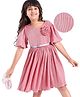 Hola Bonita Knit Half Sleeves Shimmer Pleated Fabric Dress with Floral Applique & Belt - Pink