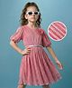 Hola Bonita Knit Half Sleeves Shimmer Pleated Fabric Dress with Floral Applique & Belt - Pink