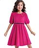 Hola Bonita Knit Half Sleeves Frock With Floral Applique & Belt - Pink