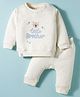 Ollypop Fleece Knit Full Sleeves Winter Wear T-Shirt & Joggers Set With Bear & Little Brother Text Embroidery - Cream