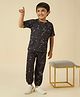 KIDS ISLAND Lycra Knit Half Sleeves Travel Theme Printed Tee & Coordinating Joggers Set - Black