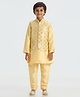 Kids Island Silk Woven Full Sleeves Solid Kurta Pyjama With Thread Work Embroidered & Sequins Embellished Nehru Jacket Set - Golden