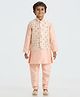 Kids Island Silk Woven Full Sleeves Solid Kurta Pyjama With Thread Work Embroidered & Sequins Embellished Nehru Jacket Set - Peach