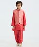 KIDS ISLAND Silk Woven Full Sleeves Solid Kurta Pyjama With Threadwork Detailed Nehru Jacket Set - Red