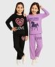 KUCHIPOO Cotton Blend Knit Pack Of 2 Full Sleeves Unicorn & Heart Printed Tees & Joggers Set - Black & Purple