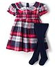 Babyhug Cotton Knit Half Sleeves Checks Frock With Leggings - Navy Blue & Red