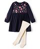 Babyhug 100% Cotton Knit Full Sleeves Floral Embroidered  Frock With Leggings - Navy Blue