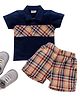 Wonderchild Half Sleeves Placement Checked Polo Tee With Shorts Set - Navy Blue