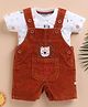 Wonderchild Lion Face Embroidered Dungaree With Half Sleeves Tee - White & Rust