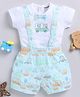 Wonderchild Half Sleeves Animals In Vehicles Printed Bow Applique Detailed Tee & Shorts With Attached Suspender - White & Red
