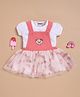 Wonderchild Half Puffed Sleeves Solid Top With Teddy Bear Embroidred Floral Printed Knee Length Pinafore Dress - White & Deep Peach