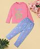 RAINE AND JAINE Cotton Knit Full Sleeves I Need My Beauty Sleep Text Printed Nightsuit Set - Pink & Blue