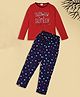 RAINE AND JAINE Cotton Knit Full Sleeves Slowly But Surely Text Printed Nightsuit Set - Red & Blue