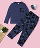RAINE AND JAINE Cotton Knit Full Sleeves Solid Printed Nightsuit Set - Blue