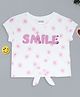 Pantaloons Junior Cotton Knit Half Sleeves Smile Text Sequins Embellished & Floral Printed Top - Pink
