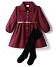 Babyhug Cotton Knit Full Sleeves Checks Frock With Leggings & Belt - Wine