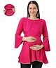 Mom for sure by Ketki Dalal Rayon Woven Three Fourth Bell Sleeves Mirror Work Detailed Maternity Top With Horizontal Zipper Nursing Access - Pink