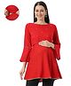 Mom for sure by Ketki Dalal Rayon Woven Three Fourth Bell Sleeves Mirror Work Detailed Maternity Top With Horizontal Zipper Nursing Access - Red