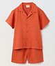 Spunkies Cotton Knit Half Sleeves Textured Shirt With Shorts Set - Rust Orange